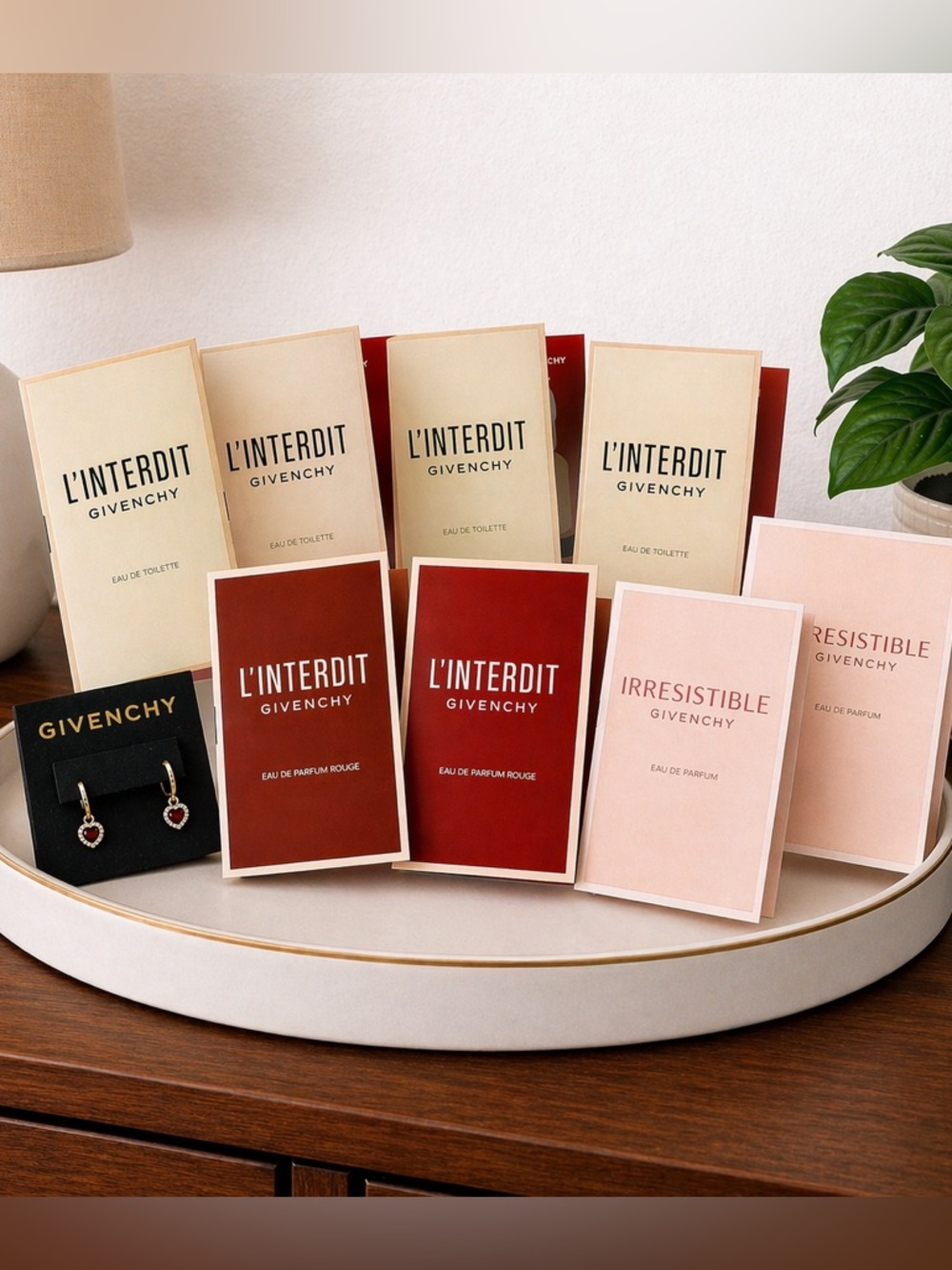 Givenchy Fragrance Sample Lot + Givenchy Heart Drop Earrings Bundle